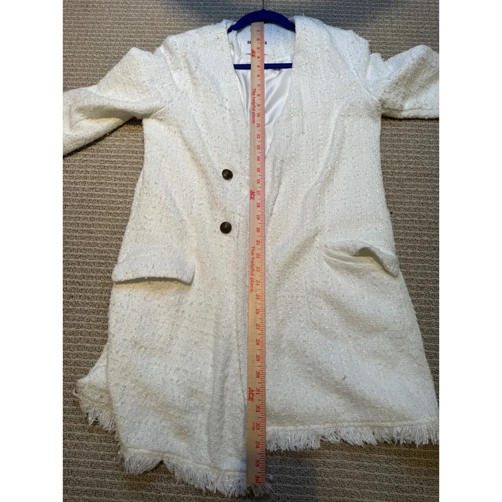 BB Dakota Tweed Coat Cream Frayed Edge Jacket Long Blazer Womens Medium - Picture 9 of 9